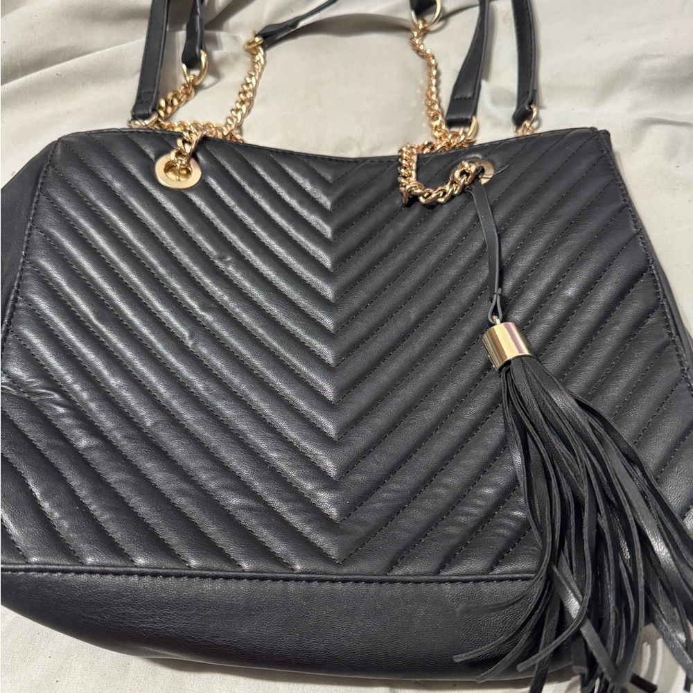 Nicole Miller Black Quilted Shoulder Bag with Tassel
